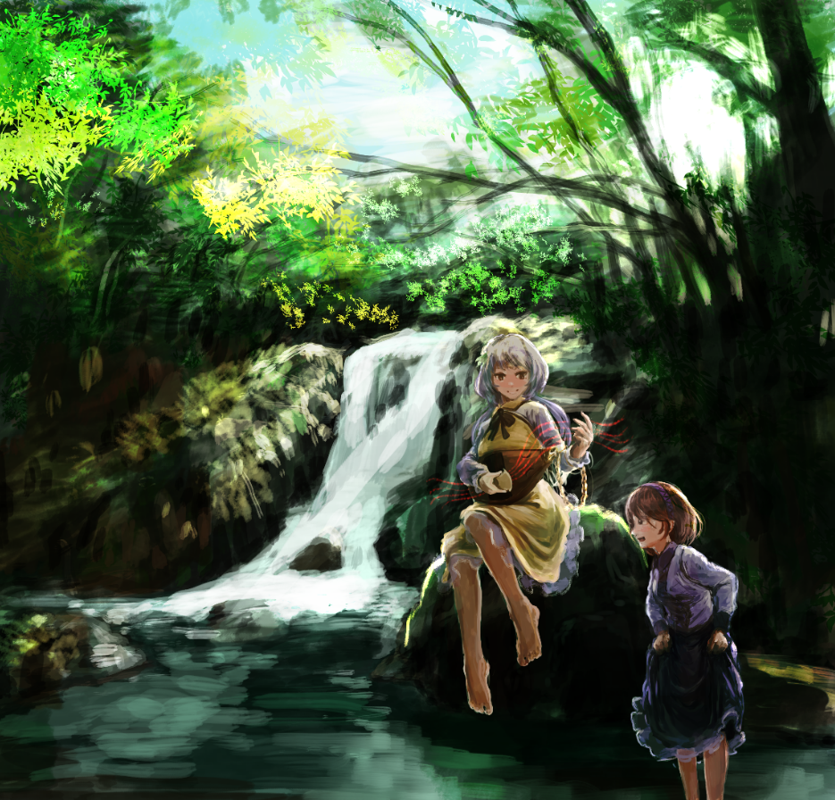 2girls, barefoot, brown_hair, flower, hair_flower, hair_ornament, hairband, instrument, lute_(instrument), multiple_girls, open_mouth, p!_(flaschenstrahlinge), purple_hair, rock, short_hair, siblings, sisters, sitting, skirt, skirt_lift, smile, touhou, tree, tsukumo_benben, tsukumo_yatsuhashi, water, waterfall
