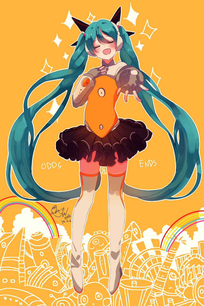 1girl, aqua_hair, boots, closed_eyes, copyright_name, hand_on_own_chest, hatsune_miku, headphones