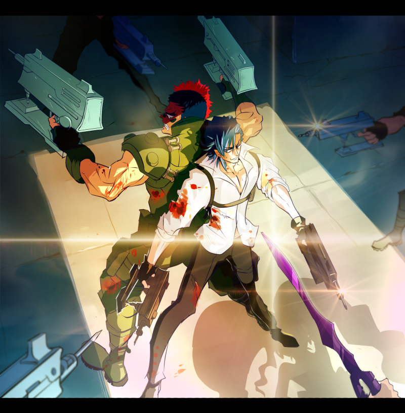 2boys, back-to-back, bevel, blood, dual_wielding, gun, kill_la_kill, kinagase_tsumugu