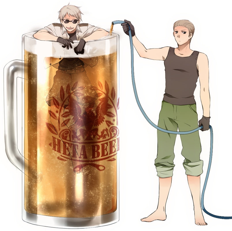 axis_powers_hetalia, barefoot, beer, blonde_hair, blue_eyes, brothers, bubble, germany_(hetalia)
