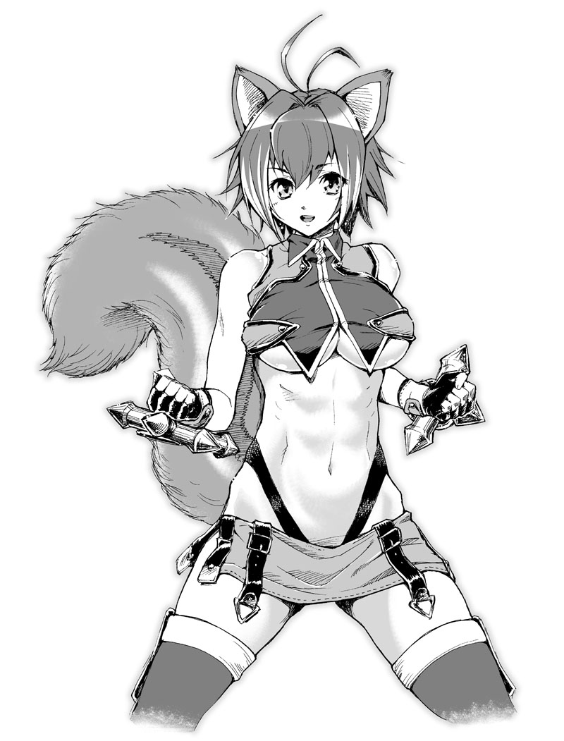 1girl, abs, ahoge, animal_ears, blackheart, blazblue, breasts, fingerless_gloves, gloves, large_breasts, makoto_nanaya, microskirt, midriff, monochrome, navel, short_hair, skirt, solo, spread_legs, squirrel_ears, squirrel_tail, tail, thighhighs, tonfa, underboob, weapon