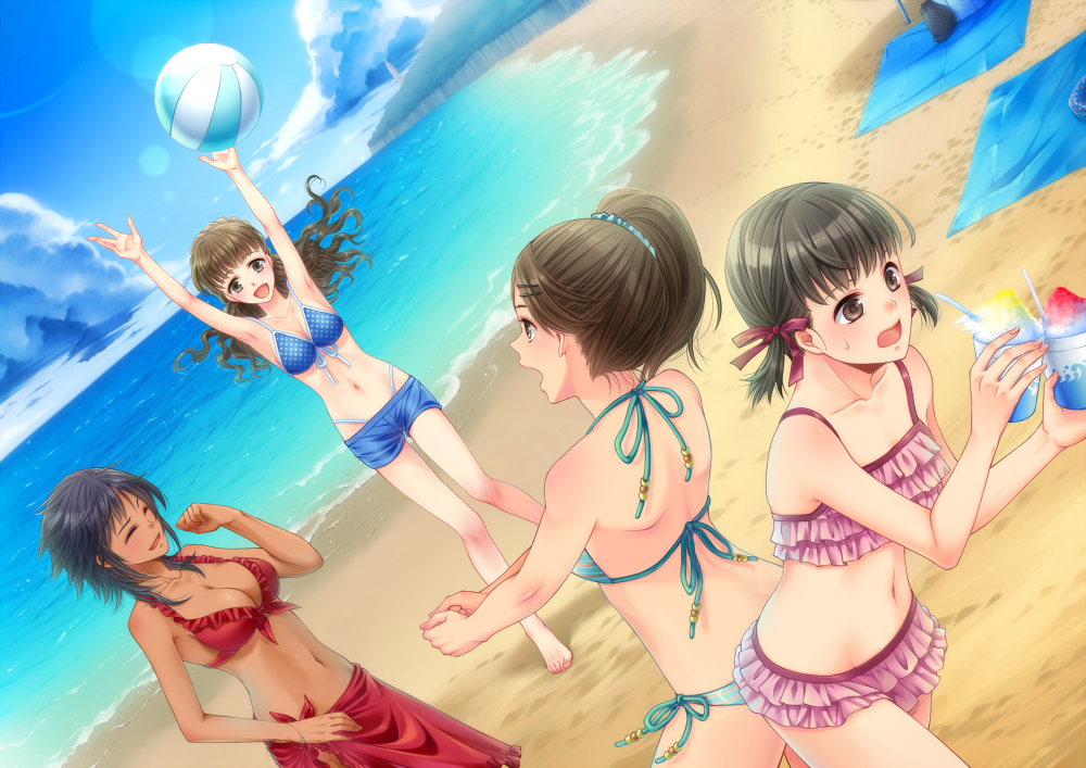 4girls, armpits, back, ball, bare_shoulders, barefoot, beach, beachball, bikini, black_hair, breasts, brown_hair, cleavage, female, hair_ornament, hairclip, long_hair, multiple_girls, navel, ocean, original, sarong, shiroya, short_hair, short_twintails, side_ponytail, sky, smile, swimsuit, twintails, water, wavy_hair