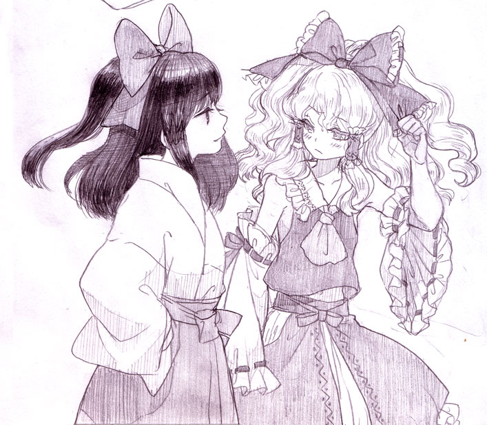 blush, bow, cosplay, costume_switch, detached_sleeves, frown, graphite_(medium), hair_bow