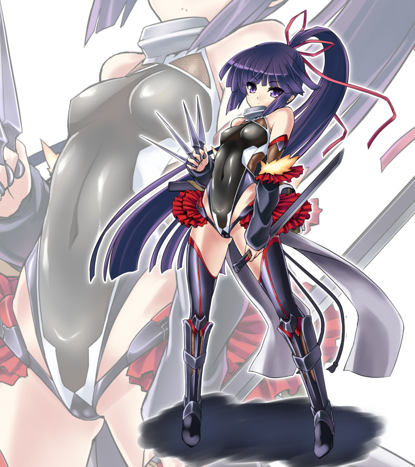 1girl, akatsuki_(log_horizon), bare_shoulders, breasts, dagger, detached_sleeves, highres, inoino, kunai, log_horizon, long_hair, ponytail, purple_hair, skin_tight, small_breasts, solo, violet_eyes, weapon