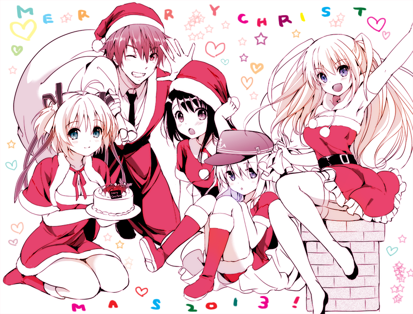 1boy, 2013, 4girls, :d, :o, arm_up, armpits, belt