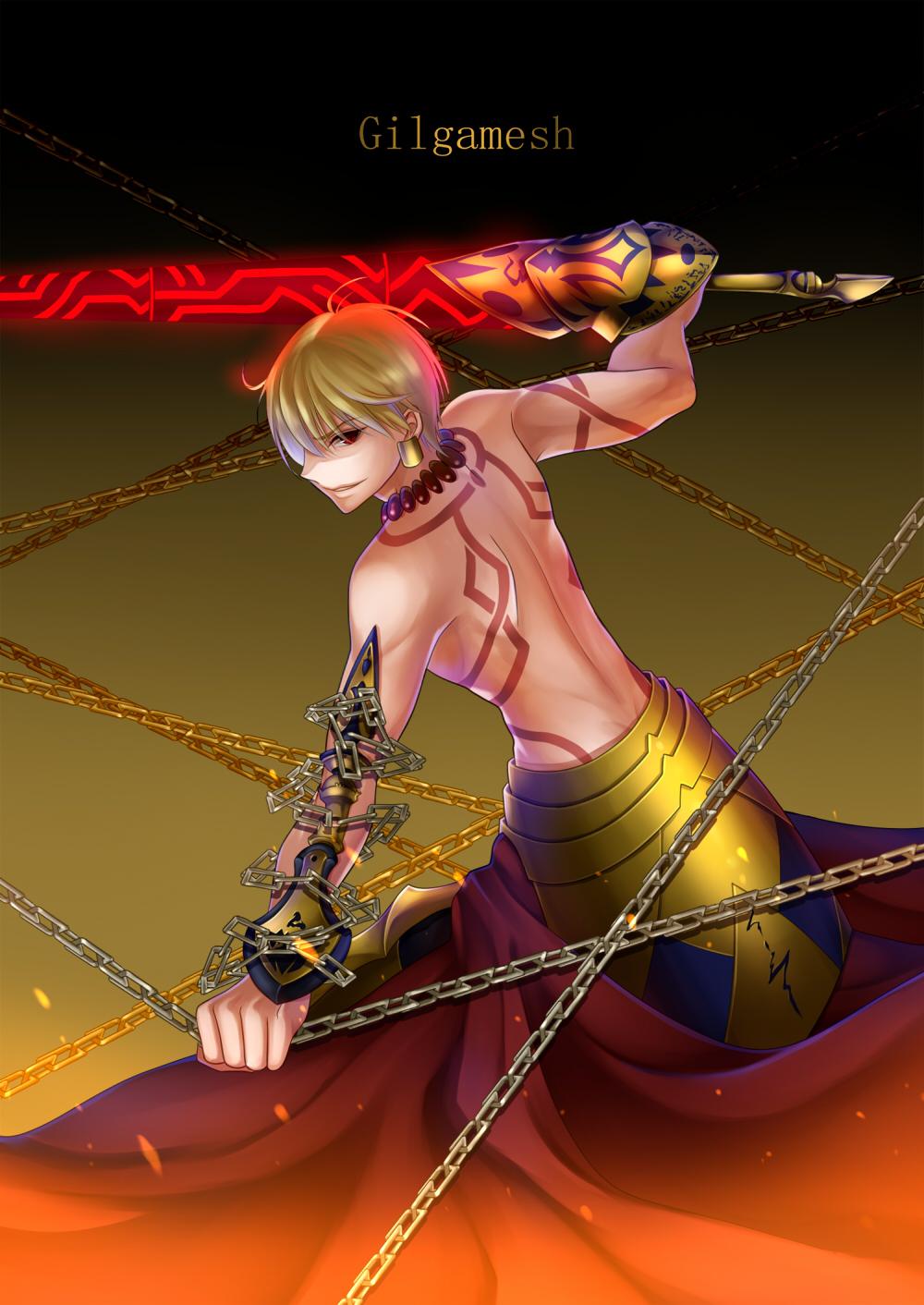 1boy, arkray, blonde_hair, chain, ea_(fate/stay_night), earrings, fate/extra_ccc, fate_(series), gilgamesh, highres, jewelry, necklace, red_eyes, solo, tattoo