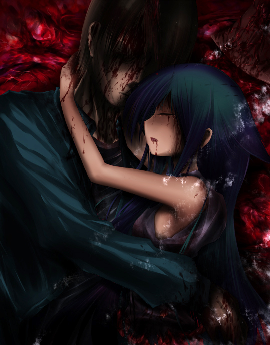 1girl, blood, closed_eyes, couple, hug, sakisaka_fuminori, saya, saya_no_uta