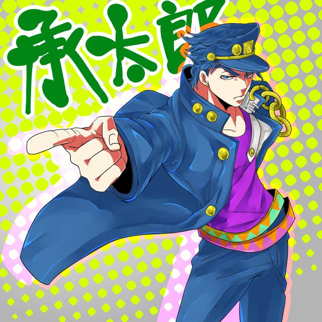 blue_eyes, blue_hair, character_name, gakuran, hat, jojo_no_kimyou_na_bouken, kuujou_joutarou, long_coat