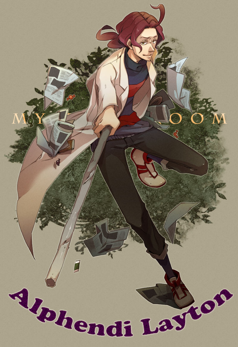 1boy, 44, ahoge, alfendi_layton, candy, character_name, copyright_name, facial_hair