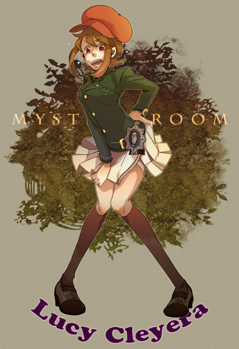 1girl, 44, brown_eyes, brown_hair, cabbie_hat, character_name, copyright_name, hat
