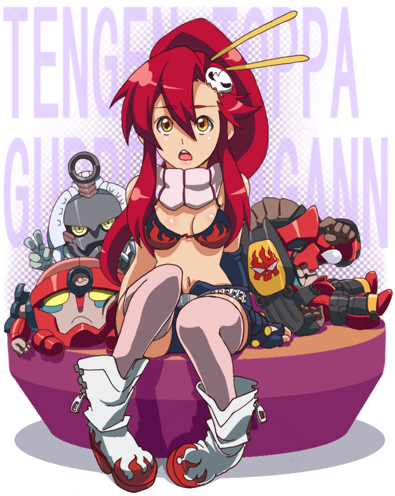 1girl, bikini_top, boots, breasts, enki_(gurren_lagann), gloves, gurren, hair_ornament