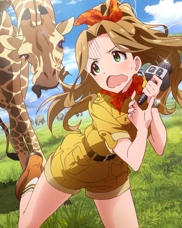 1girl, belt, boots, brown_hair, d:, giraffe, green_eyes, hair_intakes