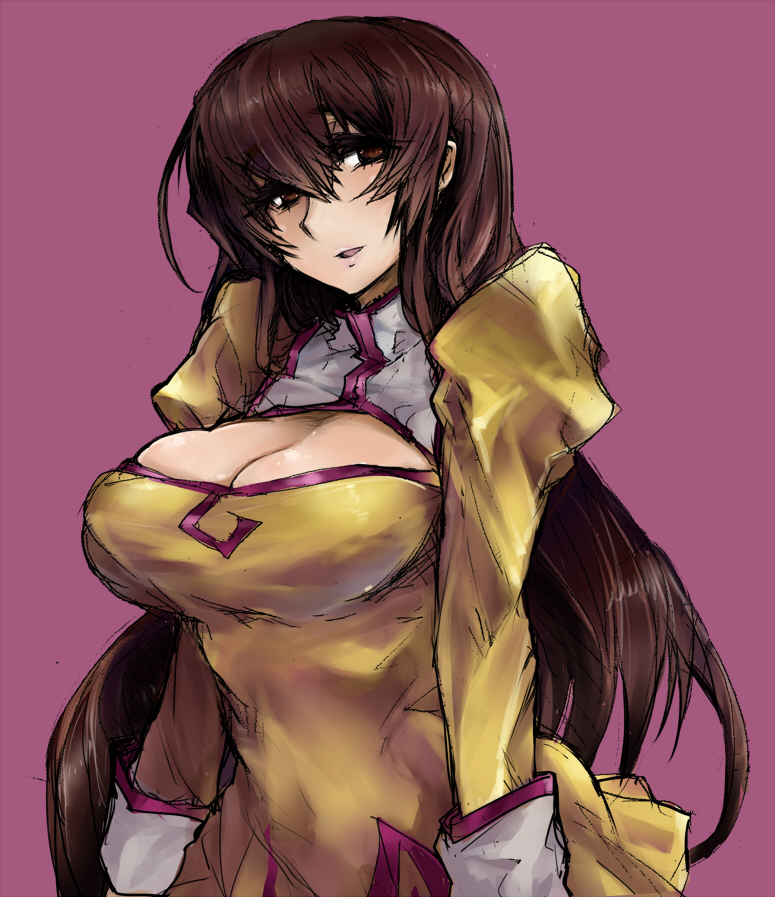 1girl, agent_aika, breasts, brown_eyes, brown_hair, cleavage, cleavage_cutout, golden_delmo
