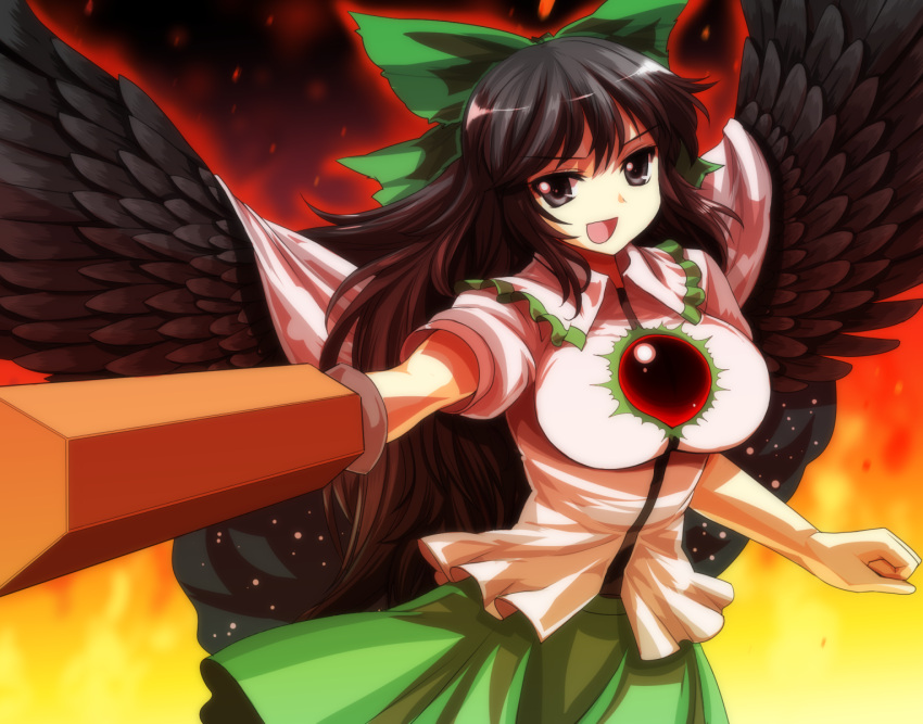 1girl, arm_cannon, black_eyes, black_hair, black_wings, bow, breasts, hair_bow