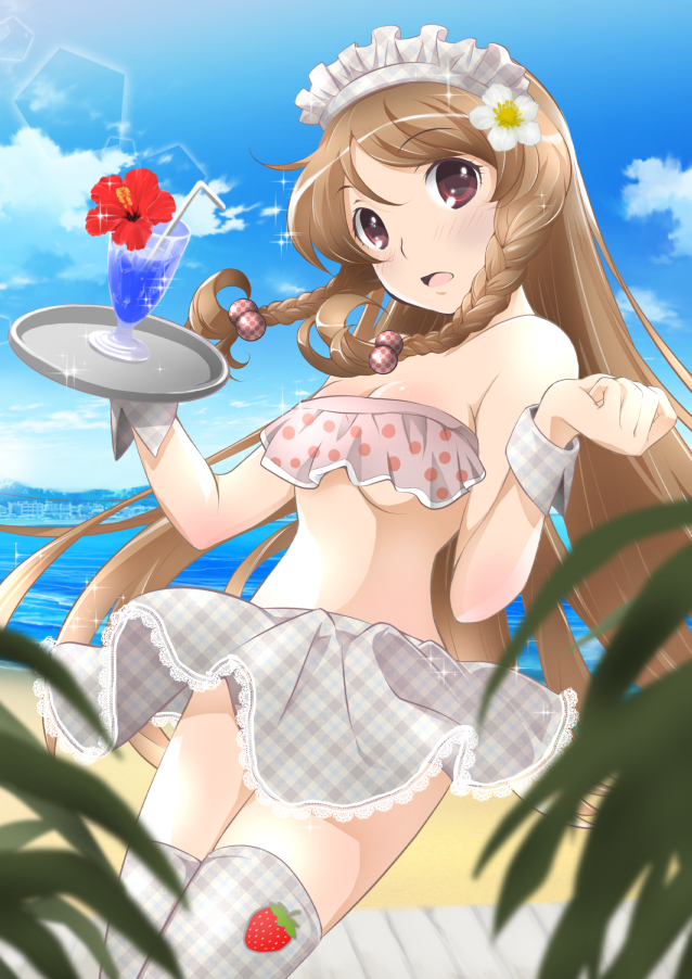 1girl, beach, bikini, braid, brown_hair, drink, flower, girlfriend_(kari)