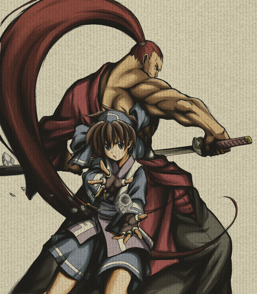 1boy, 1girl, blue_eyes, brown_background, brown_hair, fingerless_gloves, gloves, hair_ribbon