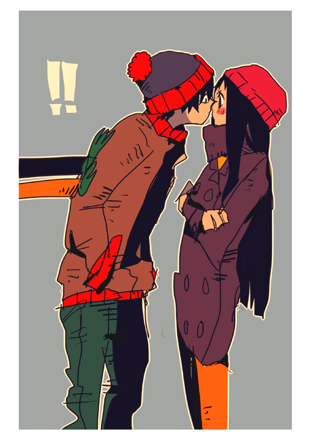 !, 1boy, 1girl, black_eyes, black_hair, blush, coat, couple