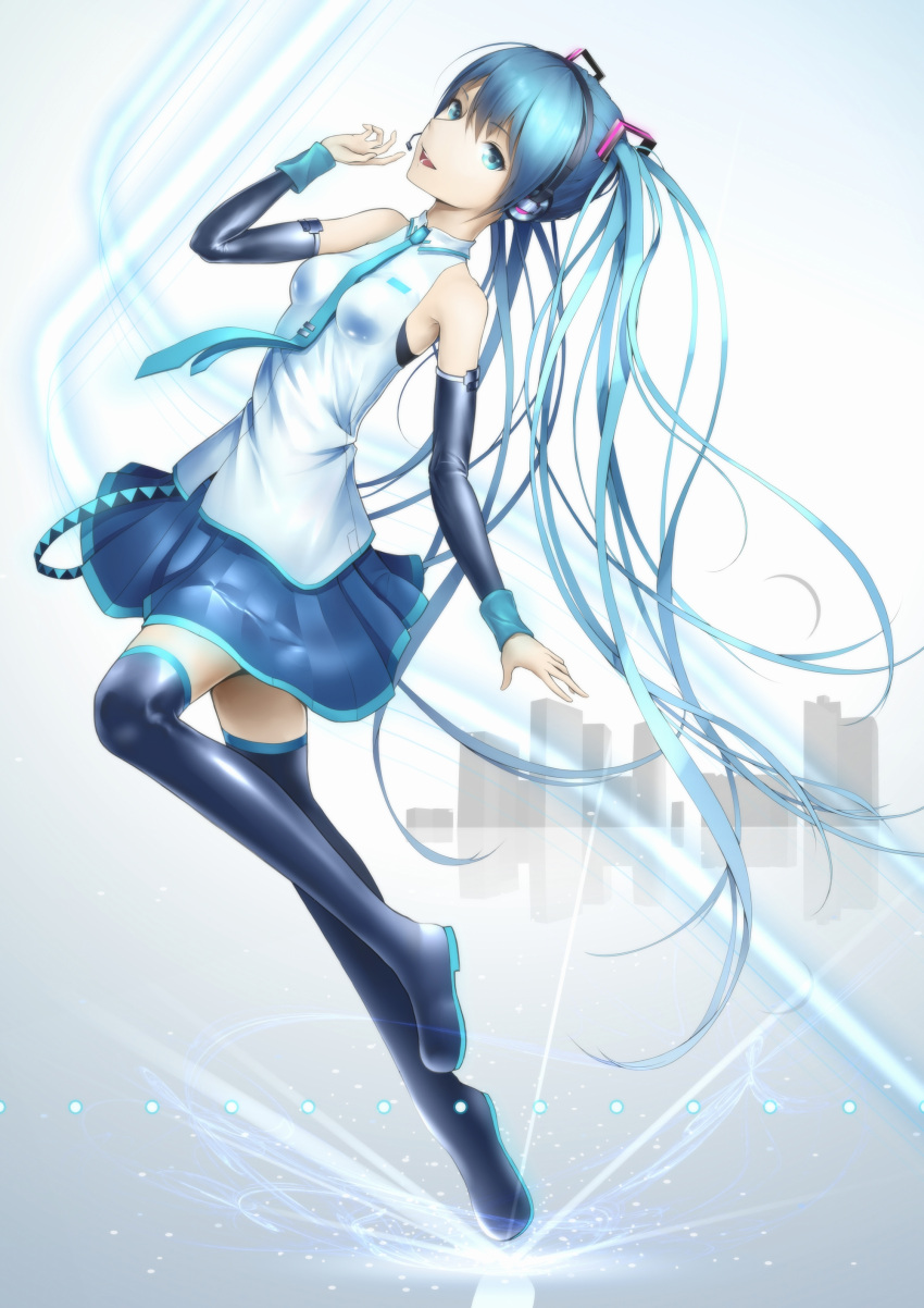 1girl, absurdres, aqua_eyes, aqua_hair, boots, detached_sleeves, hatsune_miku, headphones