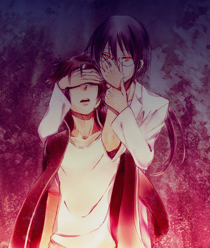 2boys, black_hair, brown_hair, covering_eyes, crea_(senyuu), glasses, jacket_on_shoulders, labcoat, long_hair, multiple_boys, ponytail, rchimedes, red_eyes, sen'yuu., short_hair, spoilers, tanoshihana