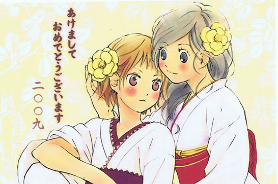 2009, 2girls, black_hair, blush, brown_hair, flower, hair_flower, hair_ornament