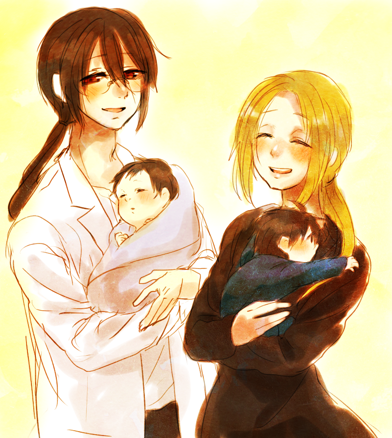 1girl, 3boys, baby, blonde_hair, brown_hair, carrying, cecily_(senyuu), closed_eyes
