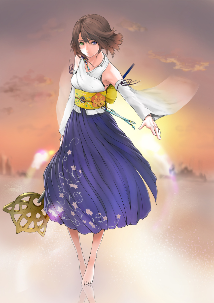 1girl, barefoot, blue_eyes, brown_hair, detached_sleeves, dissidia_012_final_fantasy, dissidia_final_fantasy, final_fantasy