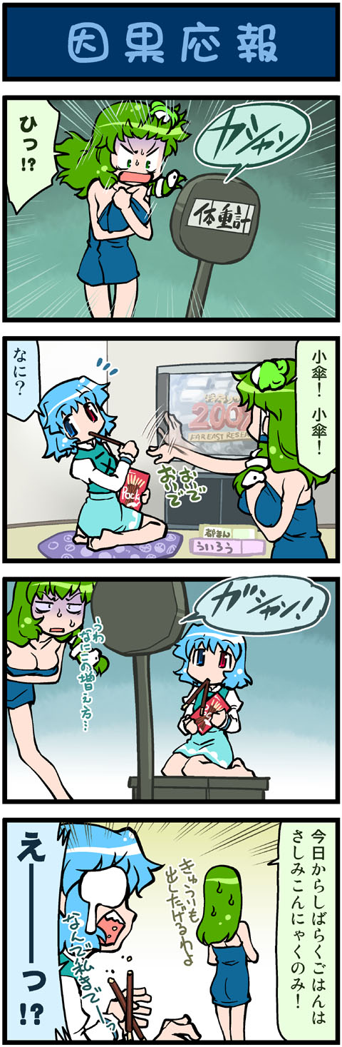 2girls, 4koma, artist_self-insert, blue_eyes, blue_hair, breasts, comic, frog