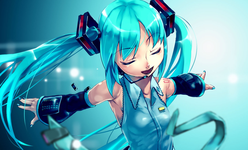 1girl, aqua_hair, closed_eyes, detached_sleeves, hatsune_miku, headset, long_hair, maitake_(loose)