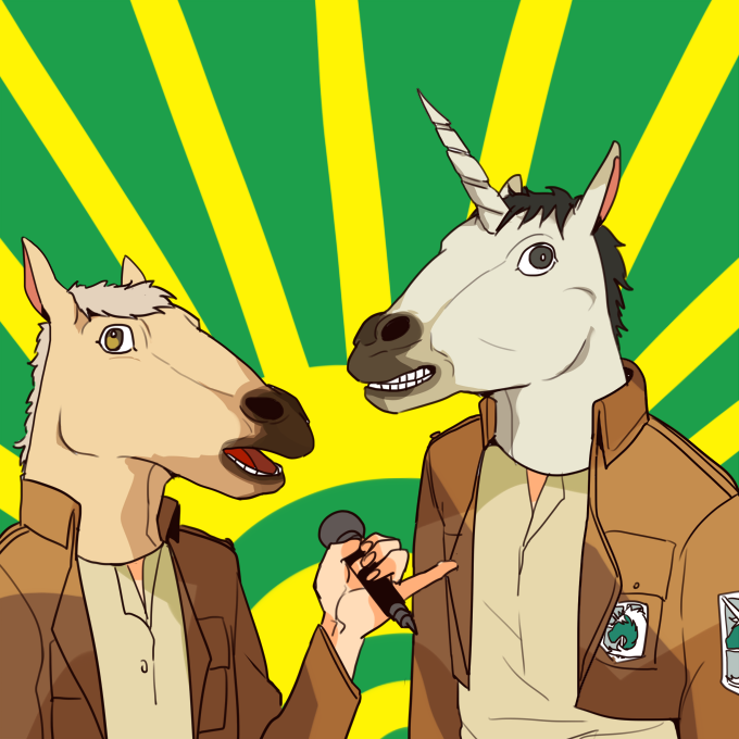 2boys, character_request, horn, horse_mask, hu_(saimens), jacket, male, microphone