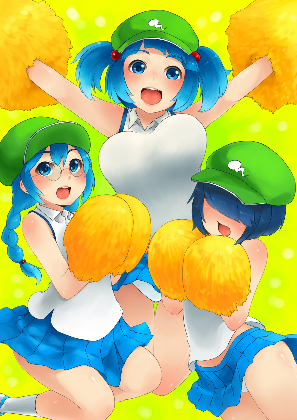 3girls, :d, alternate_costume, armpits, arms_up, blue_eyes, blue_hair, blush