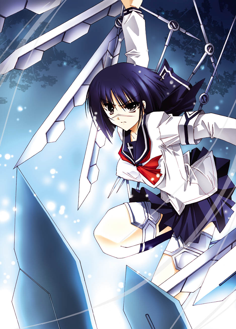 bob_cut, busou_renkin, highres, scar, school_uniform, solo, tsumura_tokiko, valkyrie_skirt