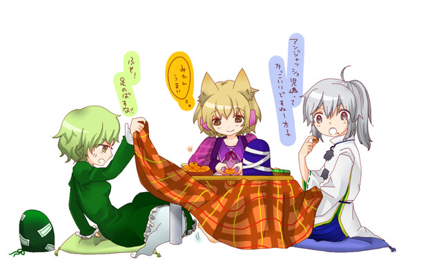 3girls, earmuffs, eating, food, footsies, fruit, ghost_tail, green_eyes
