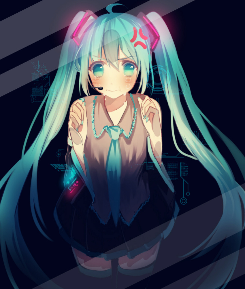 1girl, ahoge, angry, aqua_eyes, aqua_hair, detached_sleeves, hanaka, hatsune_miku, headset, highres, long_hair, nail_polish, necktie, solo, tears, thighhighs, twintails, vocaloid