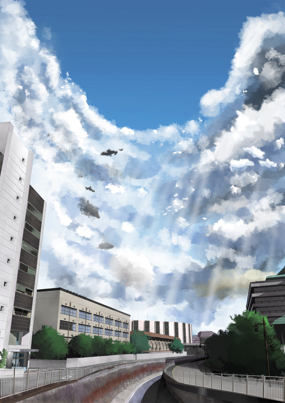 building, cityscape, cloud, clouds, highres, light, lights, scenery, sky, tree, water, yamatezaka