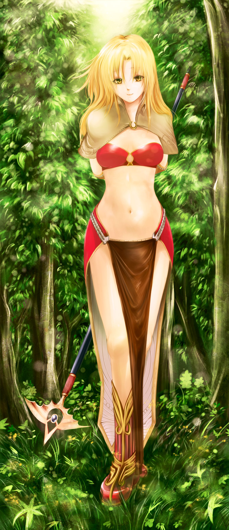 1girl, artist_request, blonde_hair, boots, breasts, capelet, elbow_gloves, full_body, gloves, highres, loincloth, long_hair, mage_(ragnarok_online), midriff, navel, ragnarok_online, red_eyes, skirt, solo, staff, tree, yellow_eyes