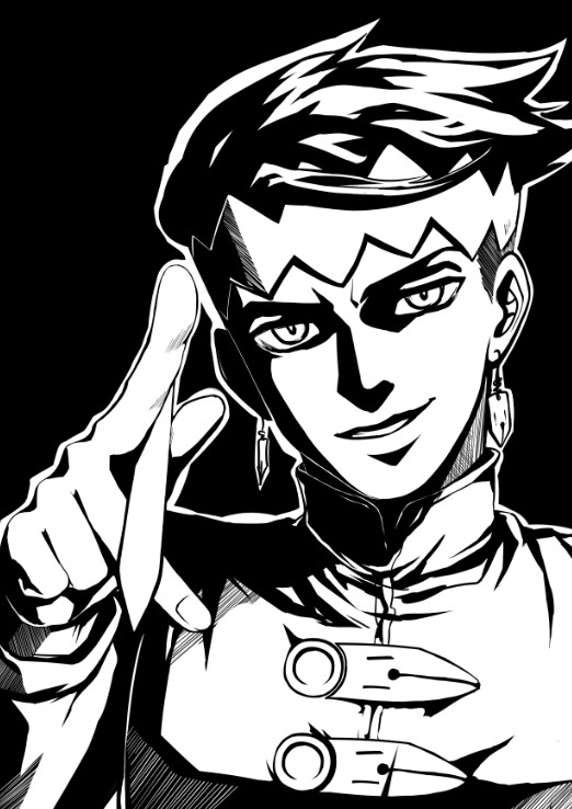 1boy, earrings, headband, jewelry, jojo_no_kimyou_na_bouken, kishibe_rohan, monochrome, pen