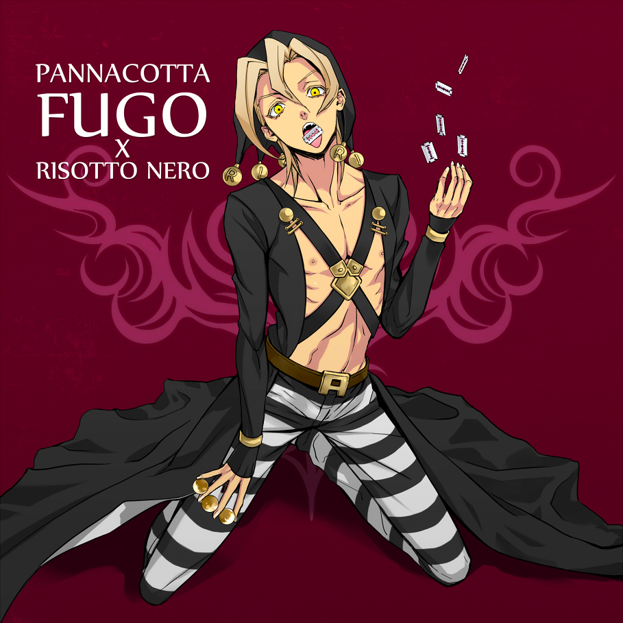 1boy, blonde_hair, chocolate_lover, hat, jojo_no_kimyou_na_bouken, mouth_hold, pannacotta_fugo, razor
