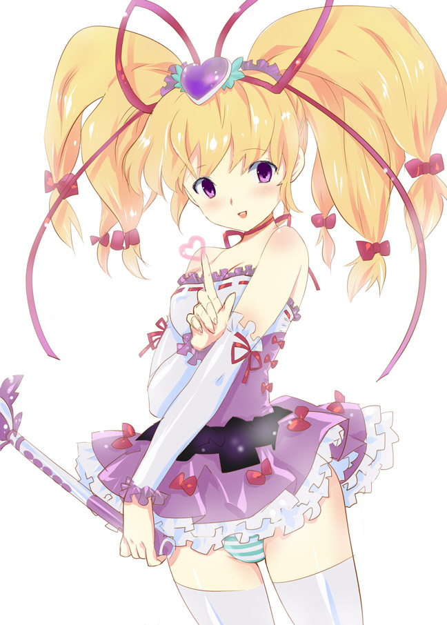 alternate_costume, alternate_hairstyle, bare_shoulders, blonde_hair, blush, bow, detached_sleeves, dress