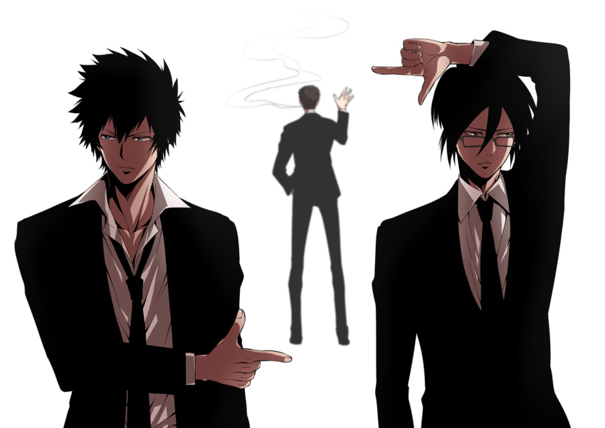 3boys, black_hair, blurry, brown_hair, depth_of_field, formal, ginoza_nobuchika, highres