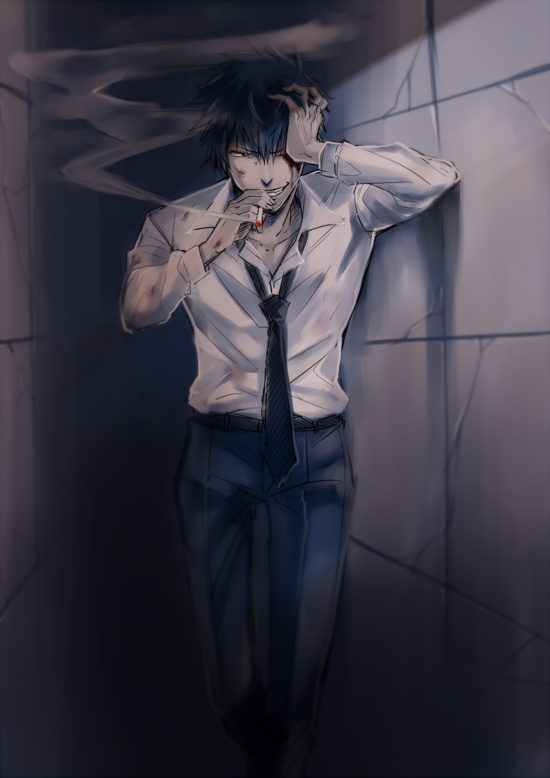 1boy, black_hair, cigarette, kougami_shin'ya, necktie, psycho-pass, smoking, solo