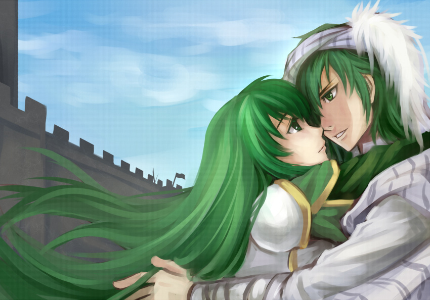1boy, 1girl, armor, couple, fire_emblem, fire_emblem:_seisen_no_keifu, fury_(fire_emblem), green_eyes