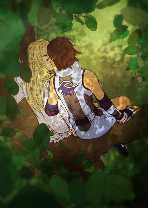 2girls, blonde_hair, brown_hair, closed_eyes, dappled_sunlight, elbow_pads, fingerless_gloves, gloves