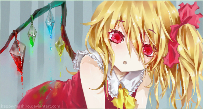 1girl, ascot, bent_over, blonde_hair, collarbone, crystal, dress, dripping, fang, flandre_scarlet, happy-mashiro, looking_at_viewer, open_mouth, red_dress, red_eyes, ribbon, side_ponytail, simple_background, solo, striped, striped_background, touhou, wings