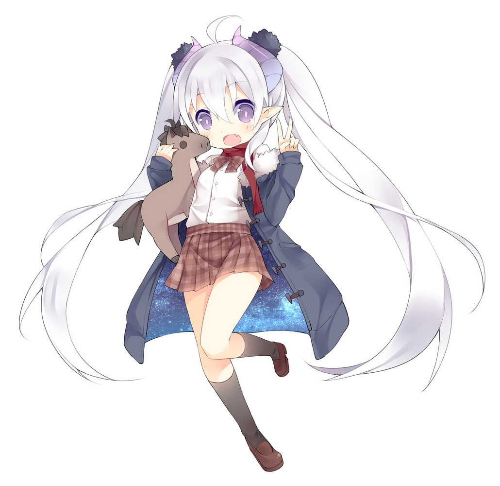 1girl, ahoge, black_legwear, coat, fang, horns, loafers, long_hair, looking_at_viewer, mofetousu_furuna, open_mouth, original, pointy_ears, saru, school_uniform, shoes, silver_hair, simple_background, skirt, solo, stuffed_horse, twintails, v, very_long_hair, violet_eyes, white_background