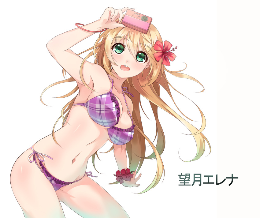1girl, bikini, blonde_hair, camera, flower, green_eyes, hair_flower, hair_ornament
