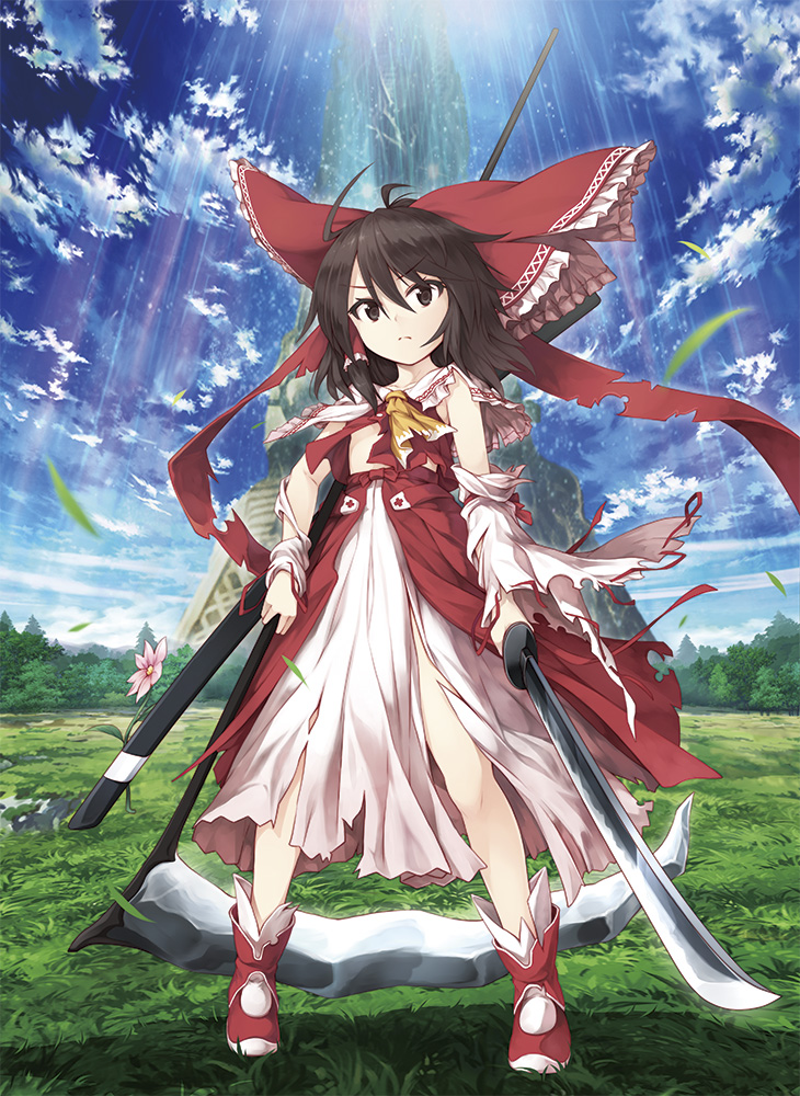 1girl, aqua-lia, ascot, blue_sky, bow, brown_eyes, brown_hair, clouds