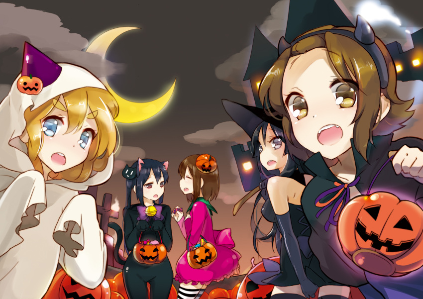 5girls, akiyama_mio, animal_costume, black_eyes, black_hair, blonde_hair, blue_eyes, brown_eyes