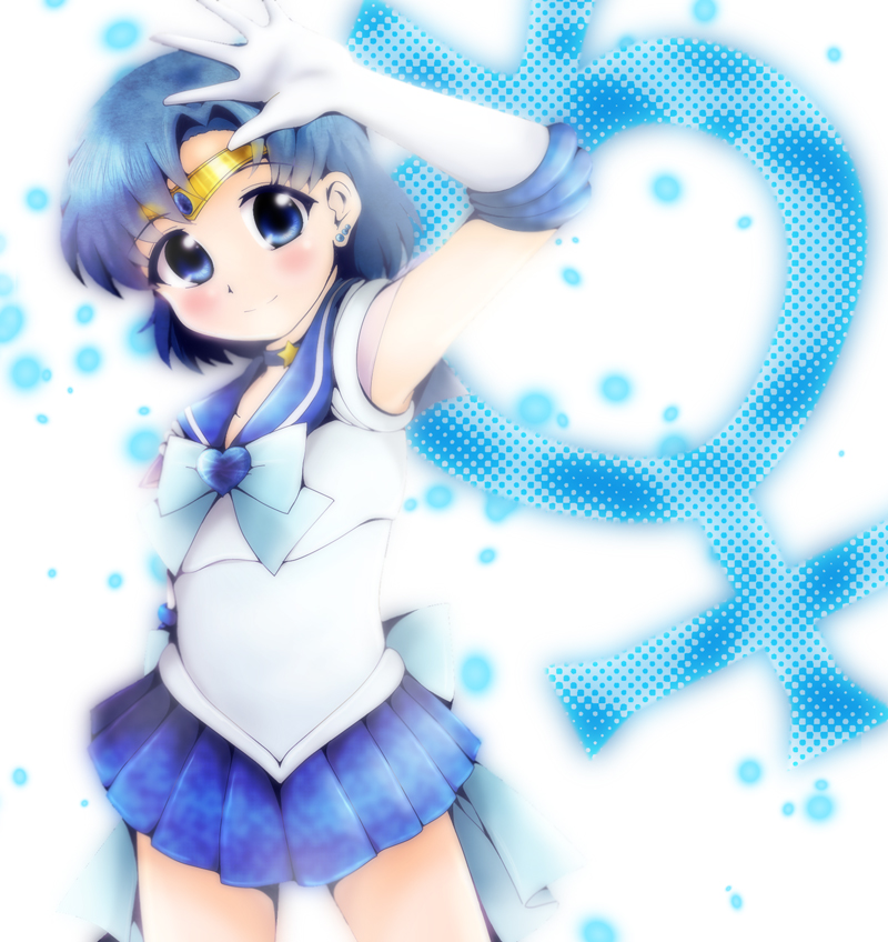 1girl, bishoujo_senshi_sailor_moon, blue_eyes, blue_hair, blue_skirt, bowtie, choker, ear_studs, earrings, elbow_gloves, gloves, heart, jewelry, kaina, mercury_symbol, miniskirt, mizuno_ami, pleated_skirt, sailor_collar, sailor_mercury, short_hair, skirt, solo, super_sailor_mercury, tiara, white_gloves