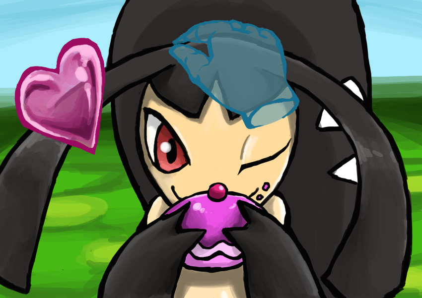 absurdres, cake, disembodied_limb, food, food_on_face, heart, highres, mawile, petting, pokemon, pokemon_(creature), pokepuff, red_eyes, sakurametaru, wink