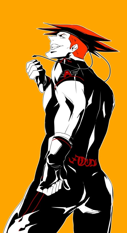 1boy, adon, alternate_costume, bodysuit, fingerless_gloves, flat_color, from_behind, gloves